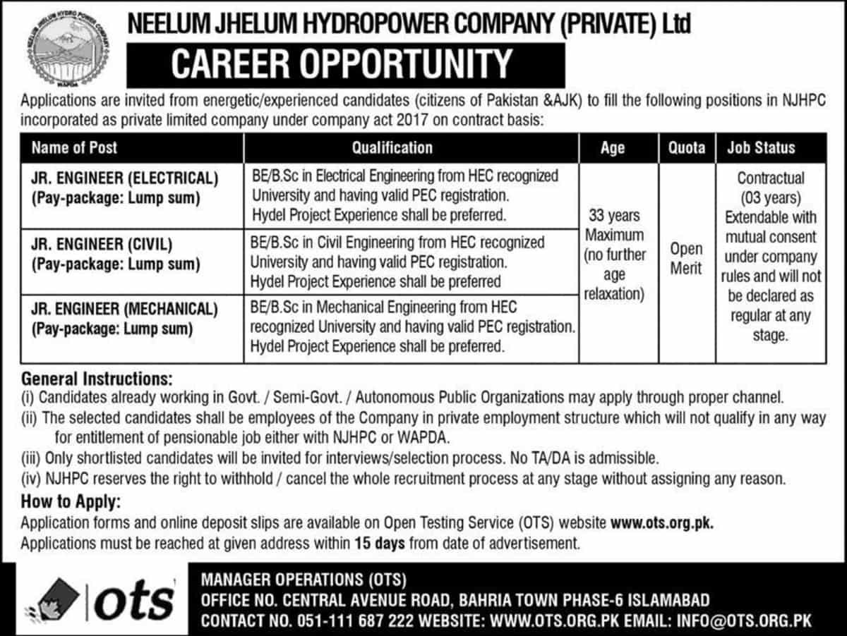 Neelum Jhelum Hydropower Company NJHPC WAPDA Jobs 2022